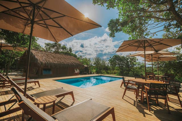 Sunny wooden pool deck with loungers, market umbrellas, and a thatched-roof ecolodge surrounded by tropical forest on a brazil luxury tour