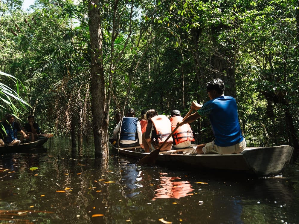 A local guide rows a wooden canoe filled with tourists through the flooded waterways of Anavilhanas National Park