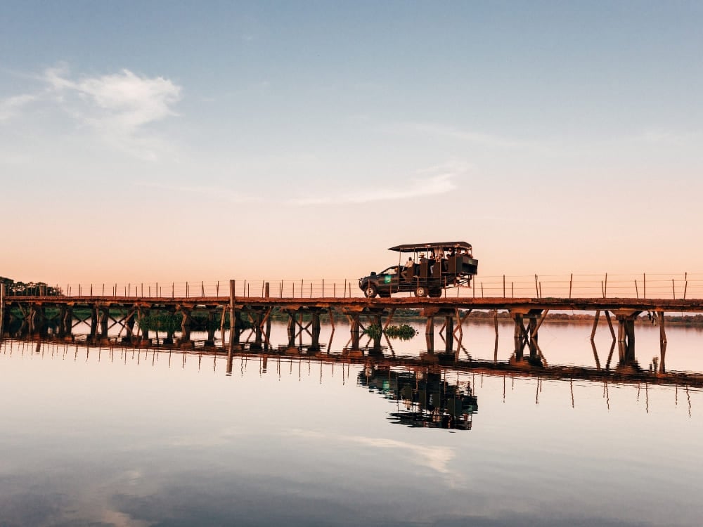 A safari vehicle crosses a wooden bridge over a reflective river at sunset. A typical scene during an adventurous pantanal trip and pantanal safari. A safari vehicle crosses a wooden bridge over a reflective river at sunset. A typical scene during an adventurous pantanal trip and pantanal safari.
