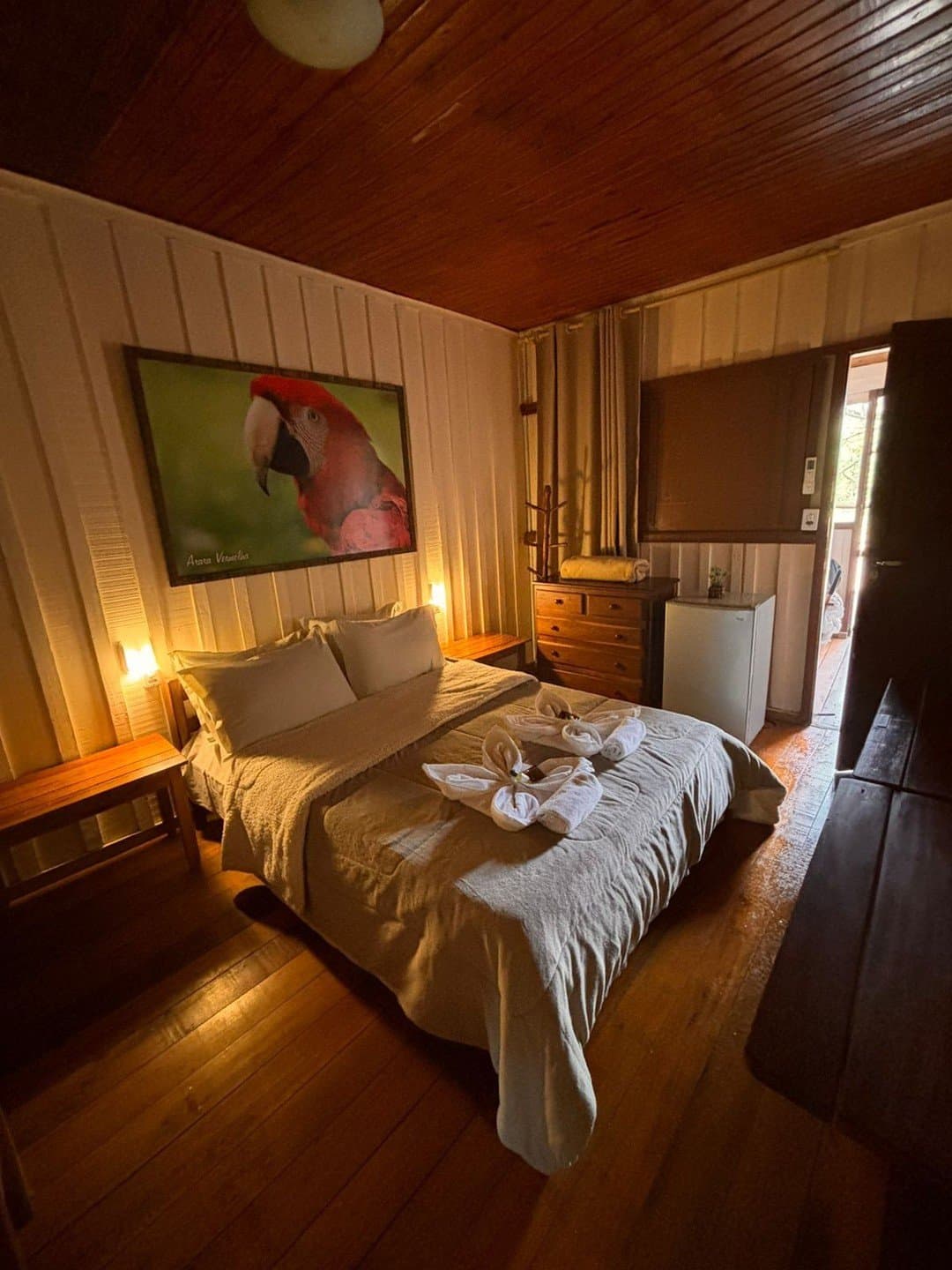 The wildlife follows you indoors, at least on the wall. Cozy private double room at a budget pantanal tour lodge, featuring warm wooden ceiling and floors, soft bedside lighting, towels folded into a decorative shape on the bed, a wooden dresser, mini-fridge, and a large framed photo of a scarlet macaw on the white panelled wall