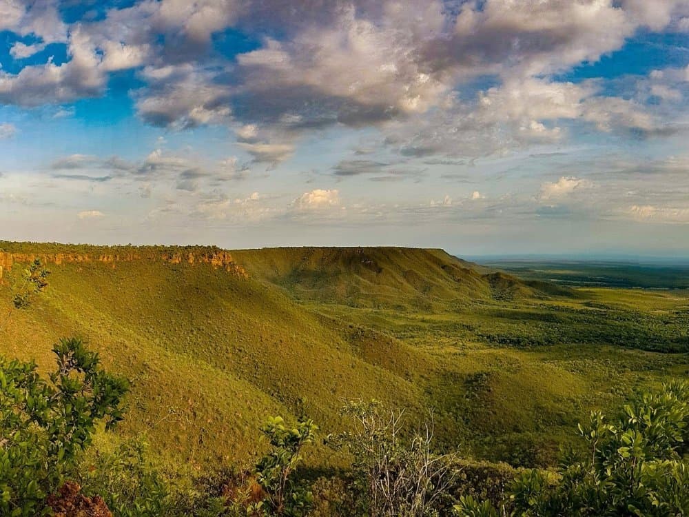 Up at 4 AM for this. Absolutely worth it. Panoramic view from a high sandstone escarpment on a jalapão trip, looking out over green cerrado vegetation and flat-topped mesas stretching to the horizon under a partly cloudy sky