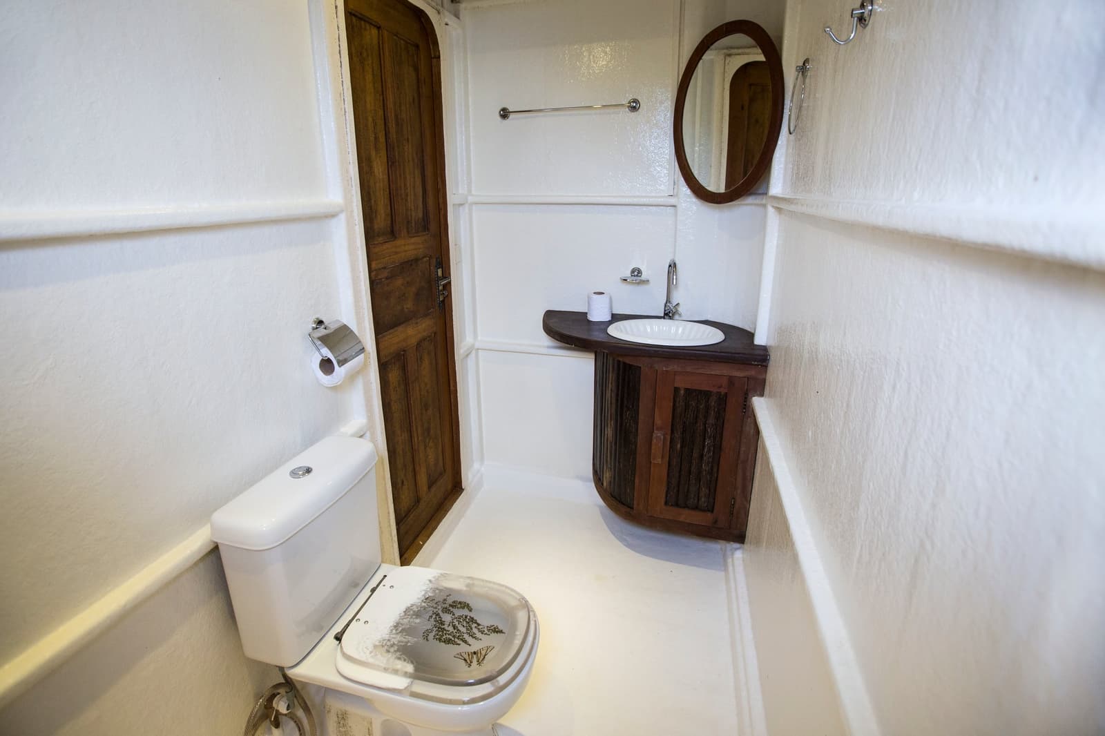 Small but thoughtfully fitted out, comfort doesn't stop at the river's edge. Compact private bathroom aboard an Amazon cruise trip in Brazil, featuring a white toilet with a decorative lid, a curved dark-wood vanity unit with a round basin, oval mirror, and a solid wooden cabin door
