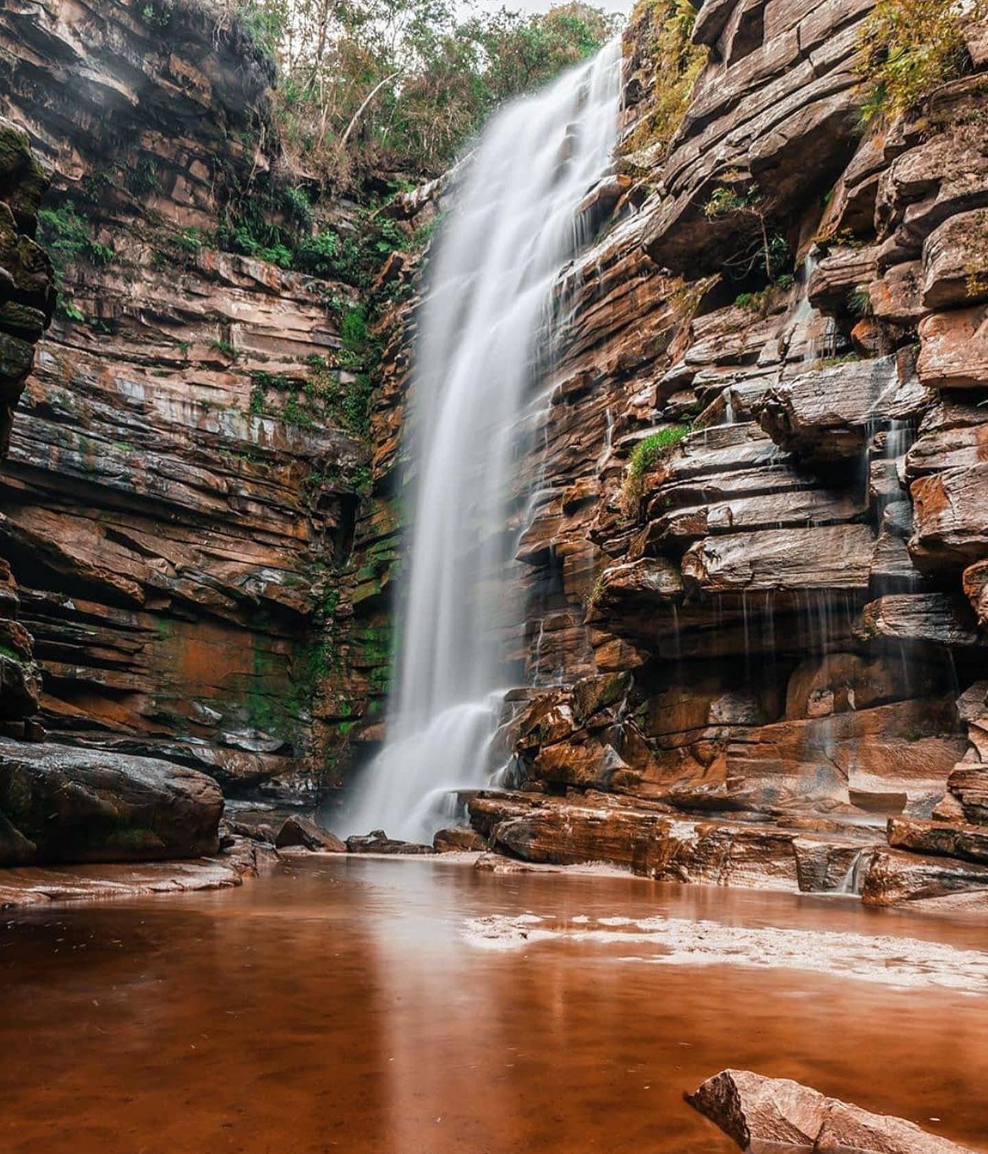 That red water isn't a filter, it's iron-rich sandstone doing its thing. A tall waterfall on the Chapada Diamantina Tour cascades down layered sandstone cliffs into a rust-red natural pool, with green vegetation clinging to the canyon walls