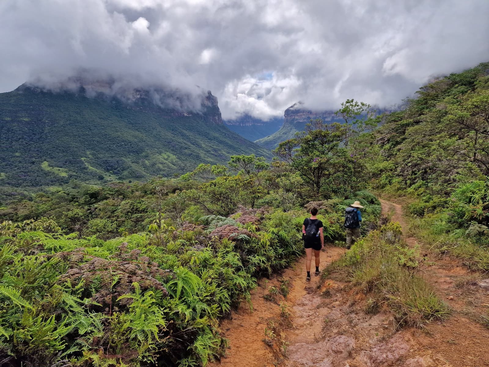Good legs, good company, and a valley that keeps revealing itself. Photo: Rasmus Soeby Two hikers descend a narrow red-dirt trail on a Chapada Diamantina trek, with lush ferns and shrubs lining the path and cloud-wrapped tabletop mountains rising across a broad green valley below