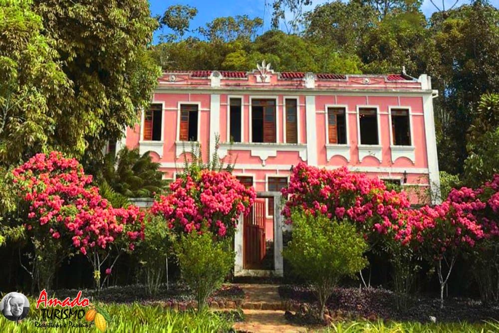 A cocoa farm with a garden this good deserves the slow ride in. Pink two-storey colonial manor at Fazenda Vila Rosa surrounded by blooming bougainvillea and lush Atlantic Forest trees on the cycling Bahia cocoa route