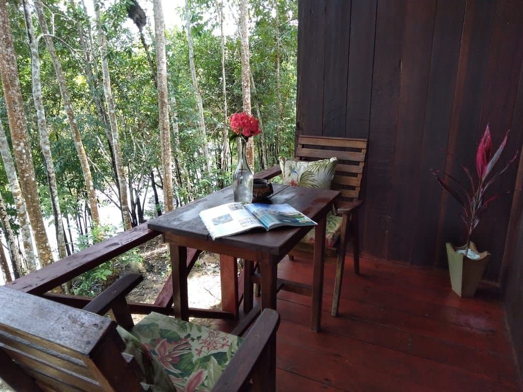 Your reading pile is already here. The forest does the rest. A shaded wooden veranda at Amazon Turtle Lodge with a rustic table, open nature book, red flower arrangement, and a view into the surrounding rainforest canopy
