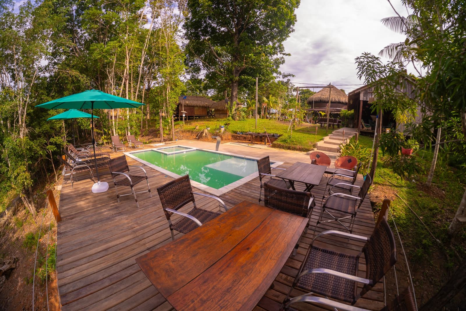 Cold pool, warm wood, and the forest right there at the edge. Wooden deck with dining tables, wicker chairs, a turquoise swimming pool, and thatched-roof bungalows at the Amazon Turtle Lodge, surrounded by tall rainforest trees