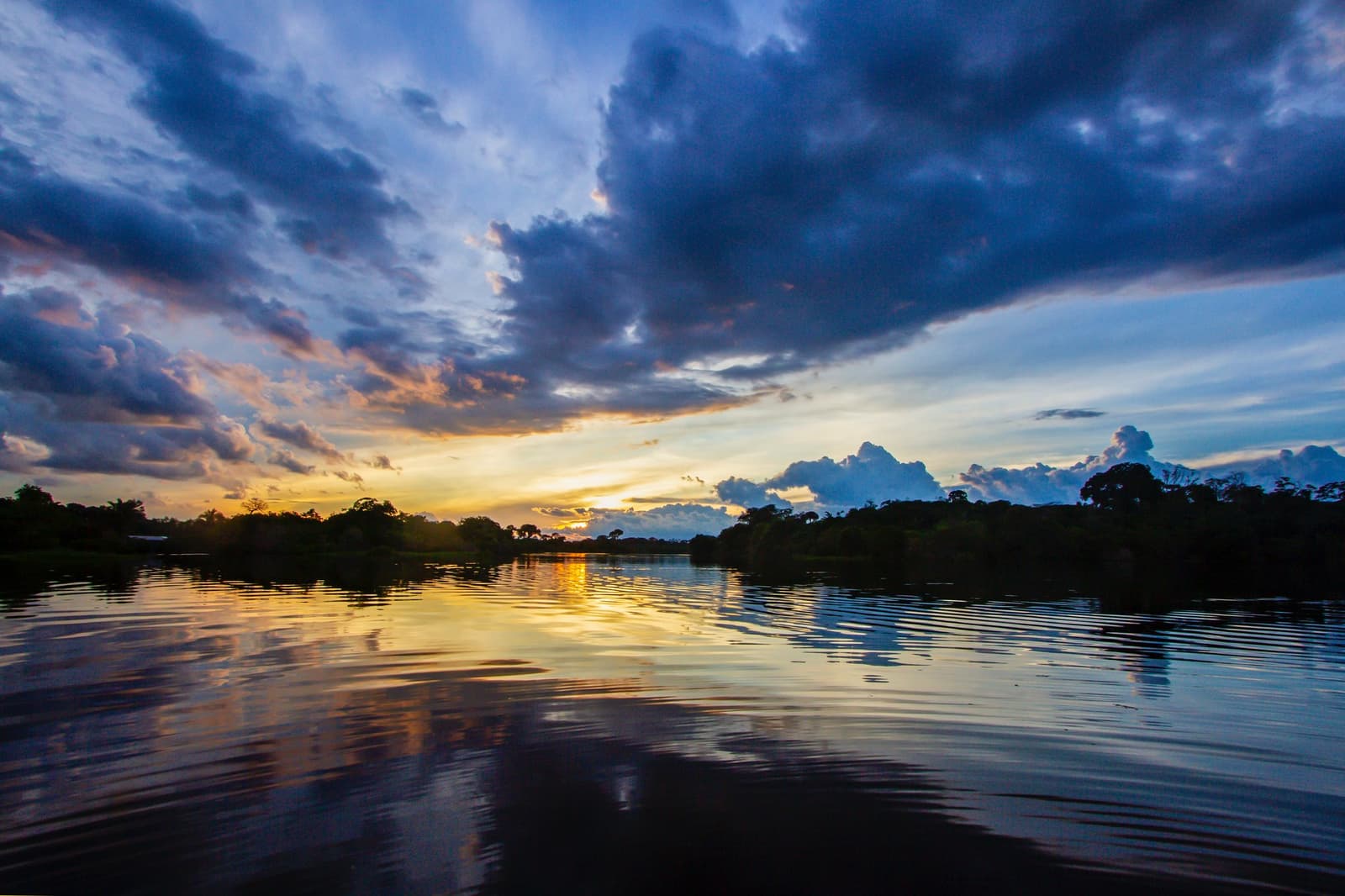 The Amazon doesn't do quiet endings, even the clouds put on a show. A dramatic sunset over a wide rainforest river, with golden light reflecting on calm rippling water and dark tree silhouettes lining the horizon — an unforgettable moment on an amazon turtle lodge stay