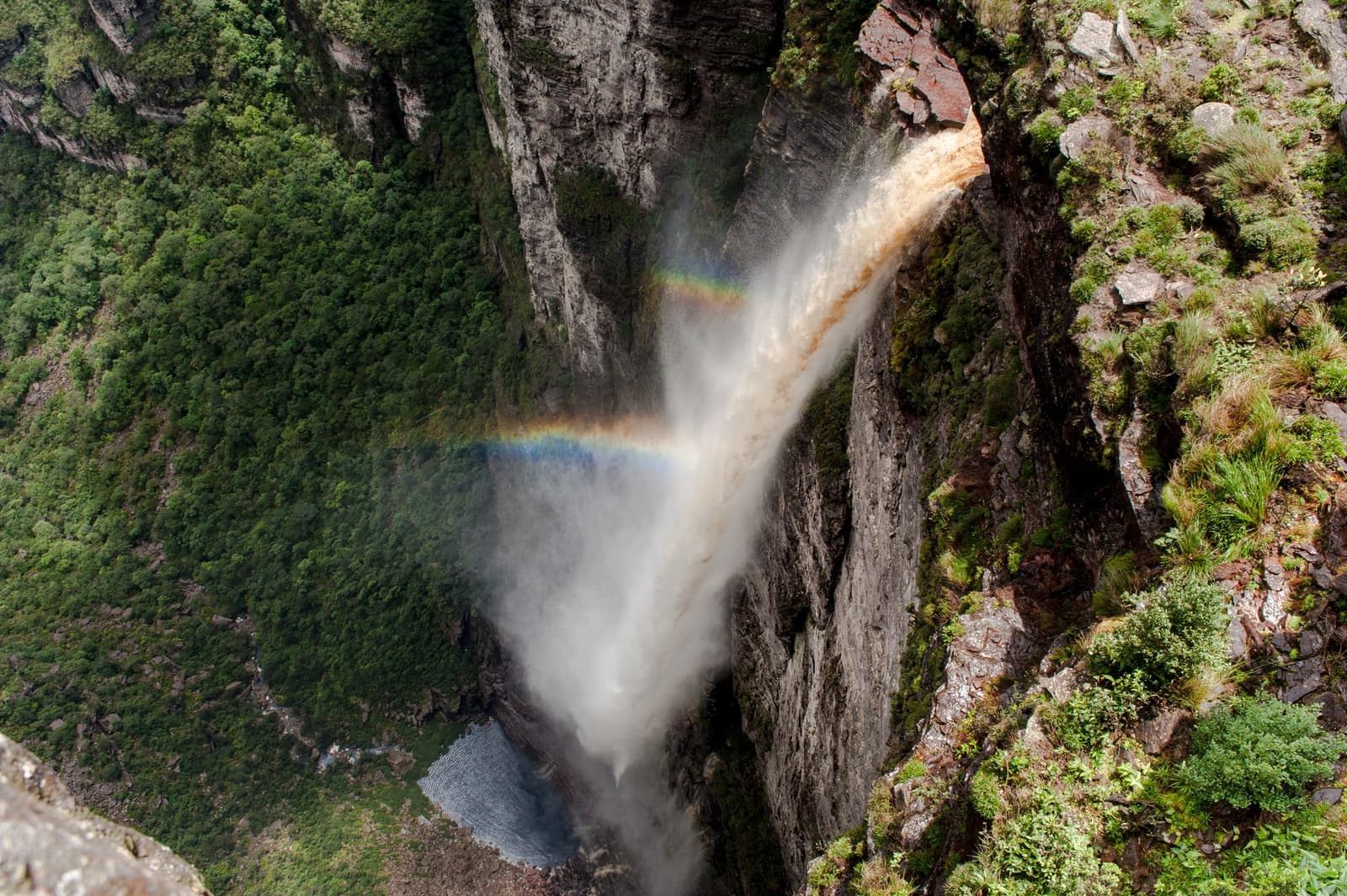 A rainbow that earns its place, born right in the spray of the fall. Aerial view looking straight down at Cachoeira da Fumaça waterfall on a Chapada Diamantina Tour, with a rainbow forming in the mist as the water plunges 380 metres into a rocky canyon flanked by green vegetation