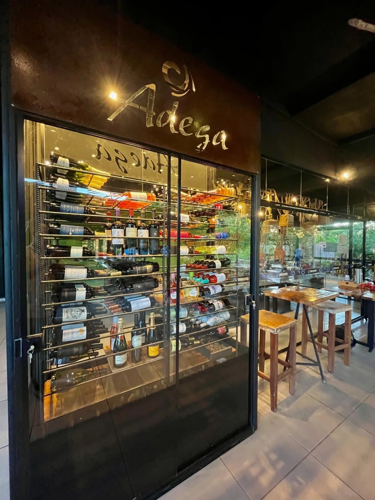A solid wine list at the end of a dusty dirt road. No complaints. Glass-fronted wine display cabinet labeled 'Adega' stocked with dozens of bottles on metal racks, beside wooden bar stools at a small pousada in the Jalapão adventure region