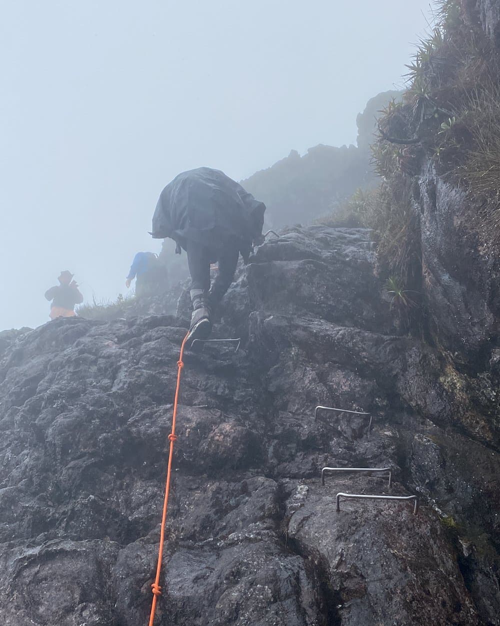 Rain gear on, clouds in, and the summit still somewhere above. Hikers in rain gear scrambling up wet, fog-shrouded granite rock face on the Pico da Neblina Expedition, using an orange safety rope and iron rung handholds bolted into the cliff