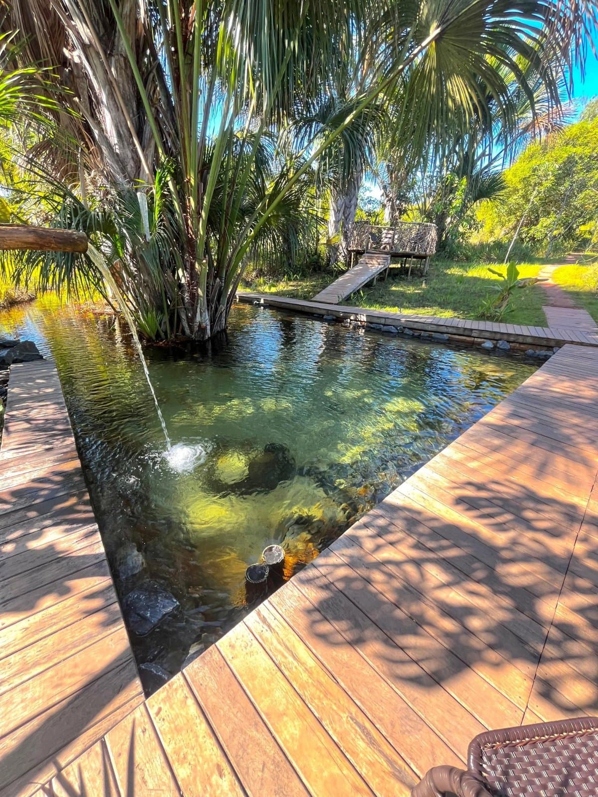 The kind of pool that makes you forget what time it is. A clear natural pool fed by a small water spout, framed by buriti palms and a warm hardwood deck, with a wooden walkway and shaded seating area visible in the background on a Jalapão adventure stopover