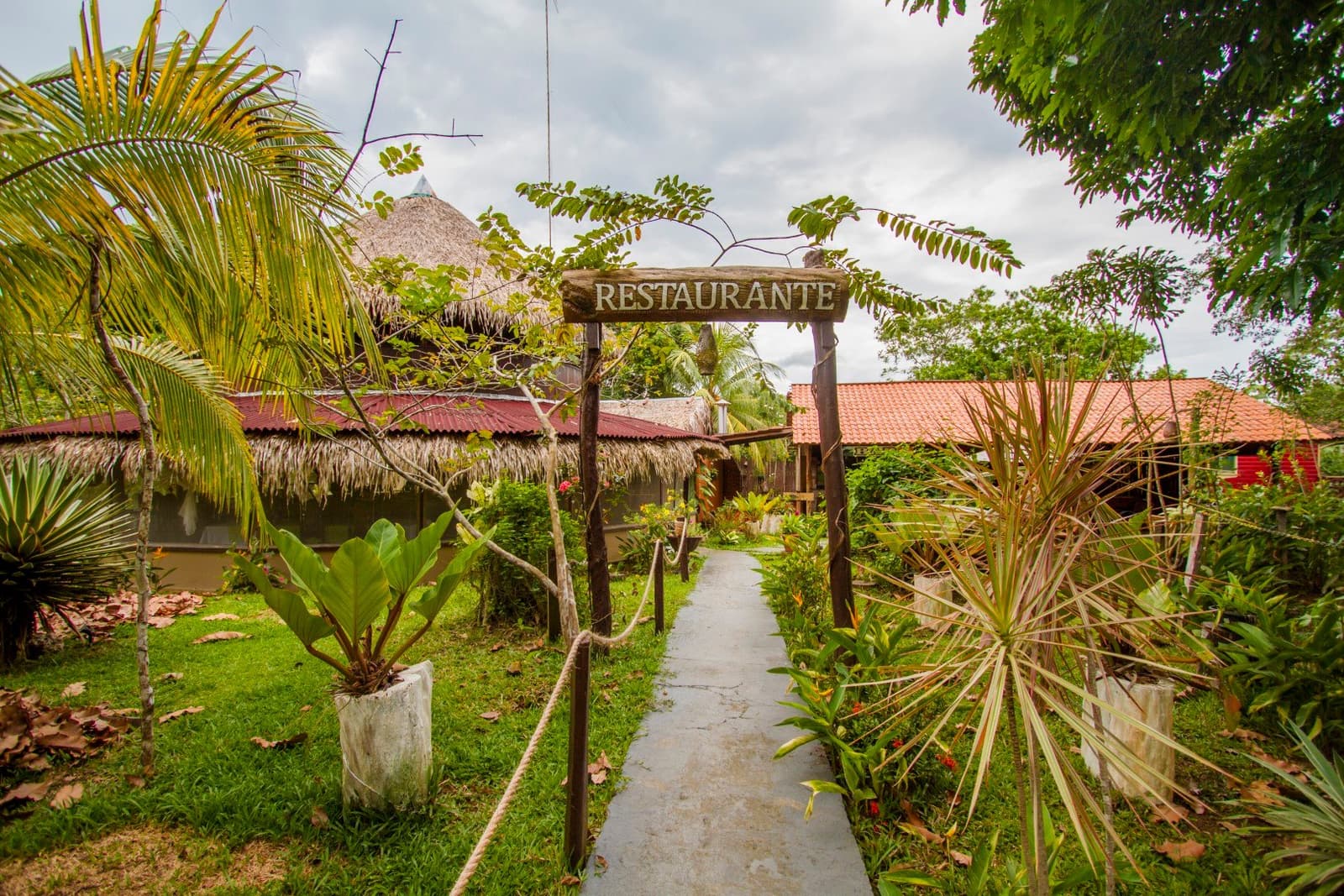 Lunch is just down the path, and the jungle is already at the table. A wooden 'Restaurante' sign arches over a garden pathway leading to thatched and tiled-roof buildings at the Amazon Turtle Lodge, surrounded by tropical palms and lush greenery