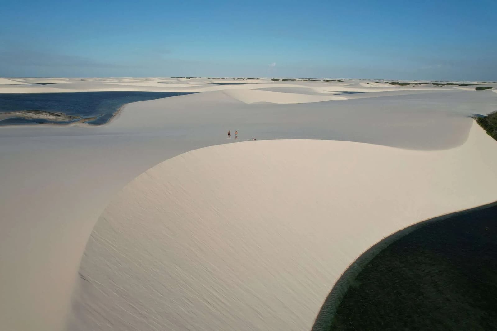 Two people, one sea of sand, the scale only hits you when you spot them. Two tiny figures stand on a sweeping white sand dune during a lencois maranhenses trek, surrounded by a mosaic of lagoons and dune ridges stretching to the horizon under a clear blue sky
