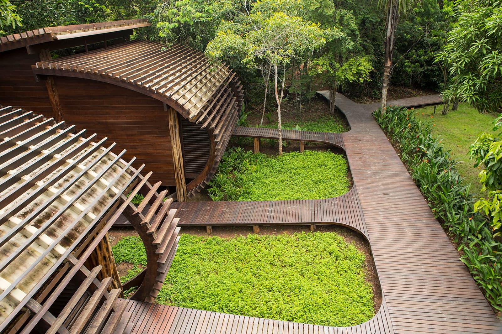 Good design here means the forest gets the last word. Aerial view of Mirante do Gavião's curving hardwood boardwalks weaving between lush green ground cover and a slatted timber pavilion roof, with dense rainforest canopy in the background