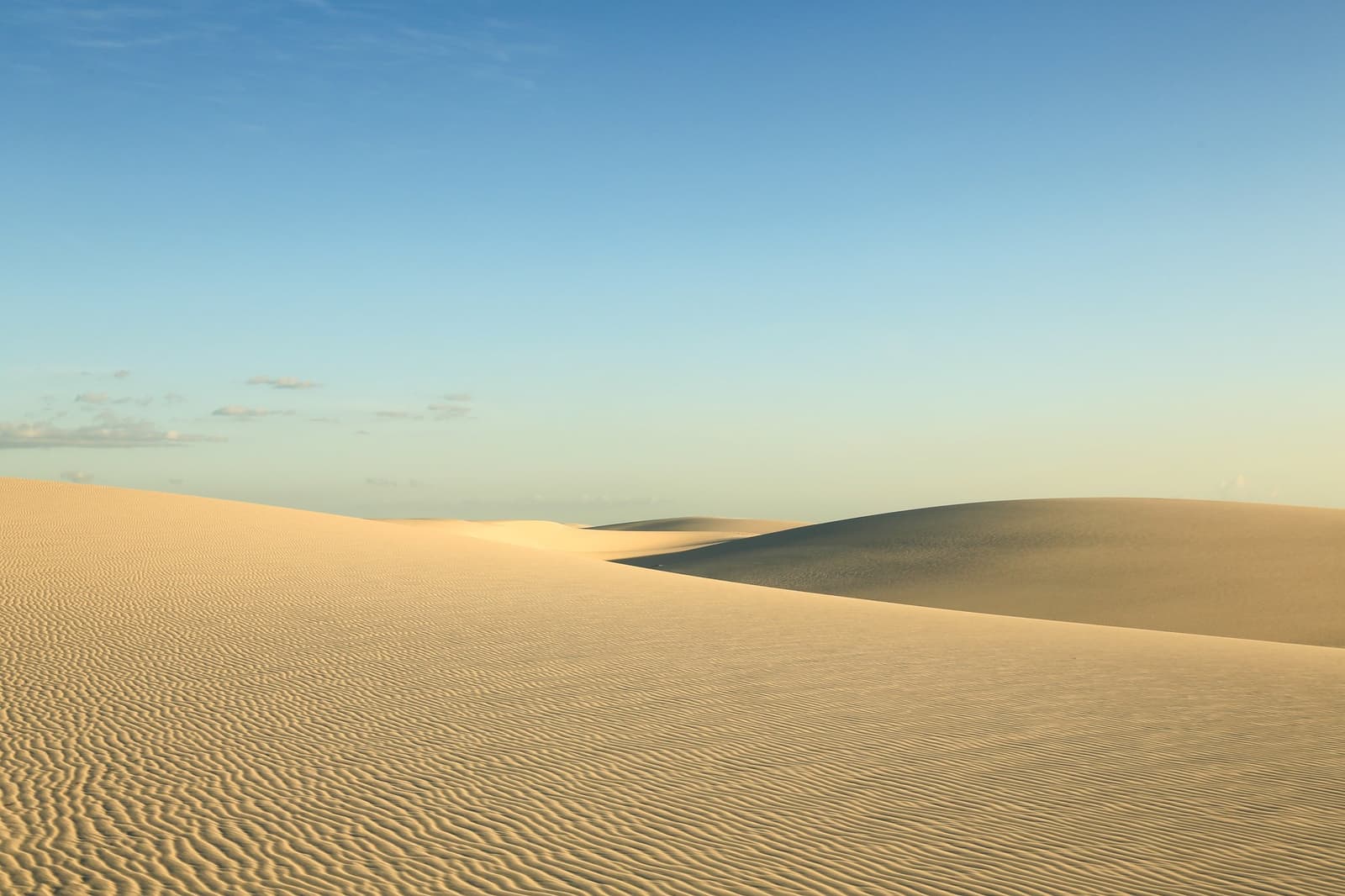 Sand this pale makes the sky look like it's showing off. Vast white sand dunes with wind-rippled surfaces stretching to the horizon under a clear blue sky on the Lençóis Maranhenses hike