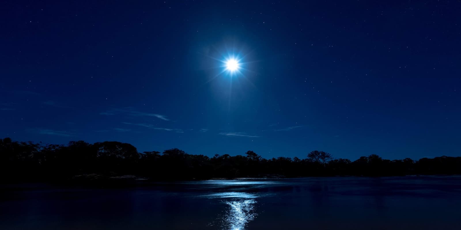 Moonlight does the work light pollution never gets to do out here. Photo: Alberto Andrich Full moon rising over a dark river on a Jalapão trekking night, its light reflected in a bright trail across the still water, with a dense tree silhouette lining the far bank under a deep blue starry sky