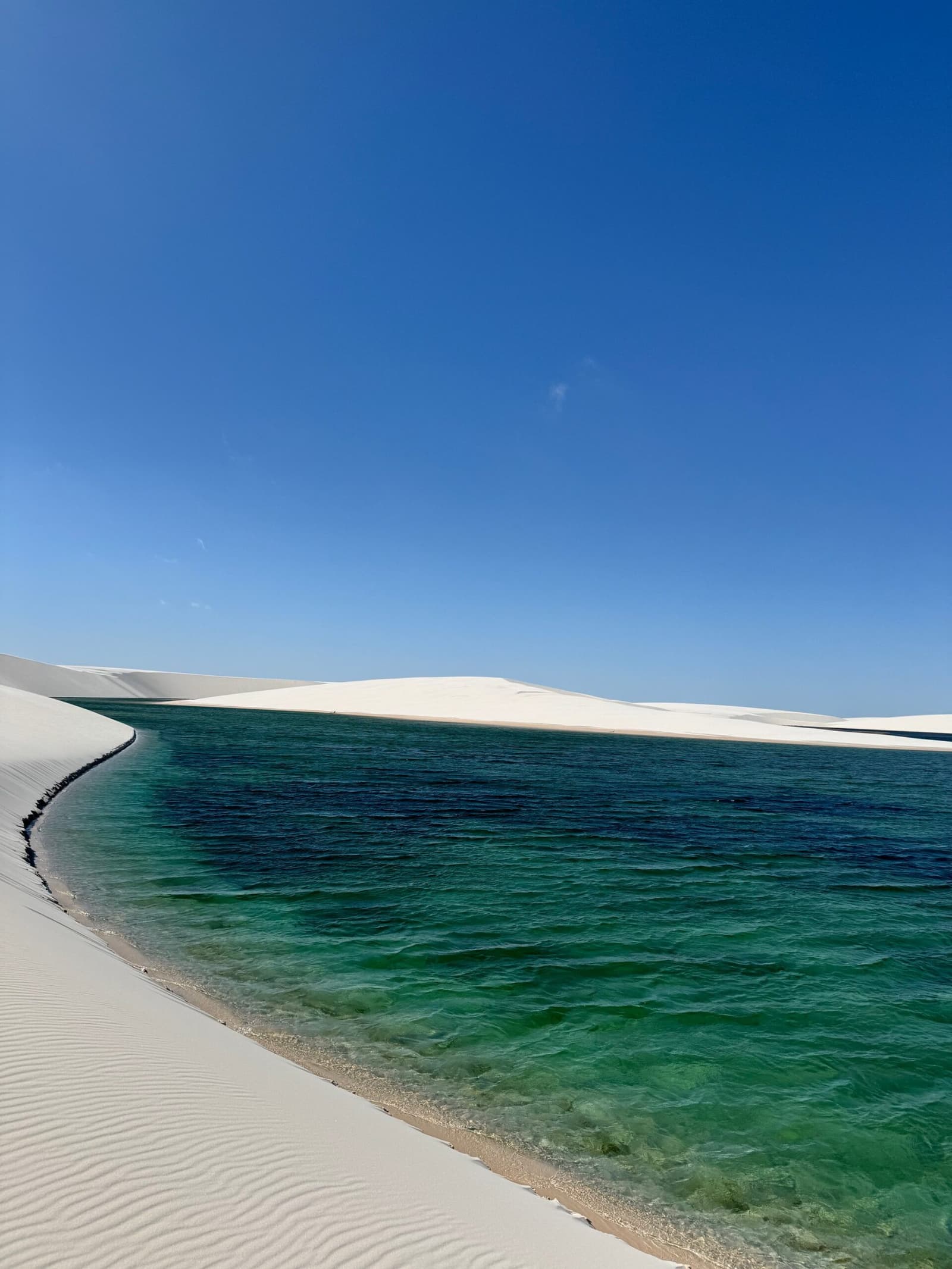 Sand that looks like snow, water that disagrees with the desert rulebook. A clear emerald lagoon stretches between sweeping white sand dunes under a deep blue sky during a Lençóis Maranhenses trekking route