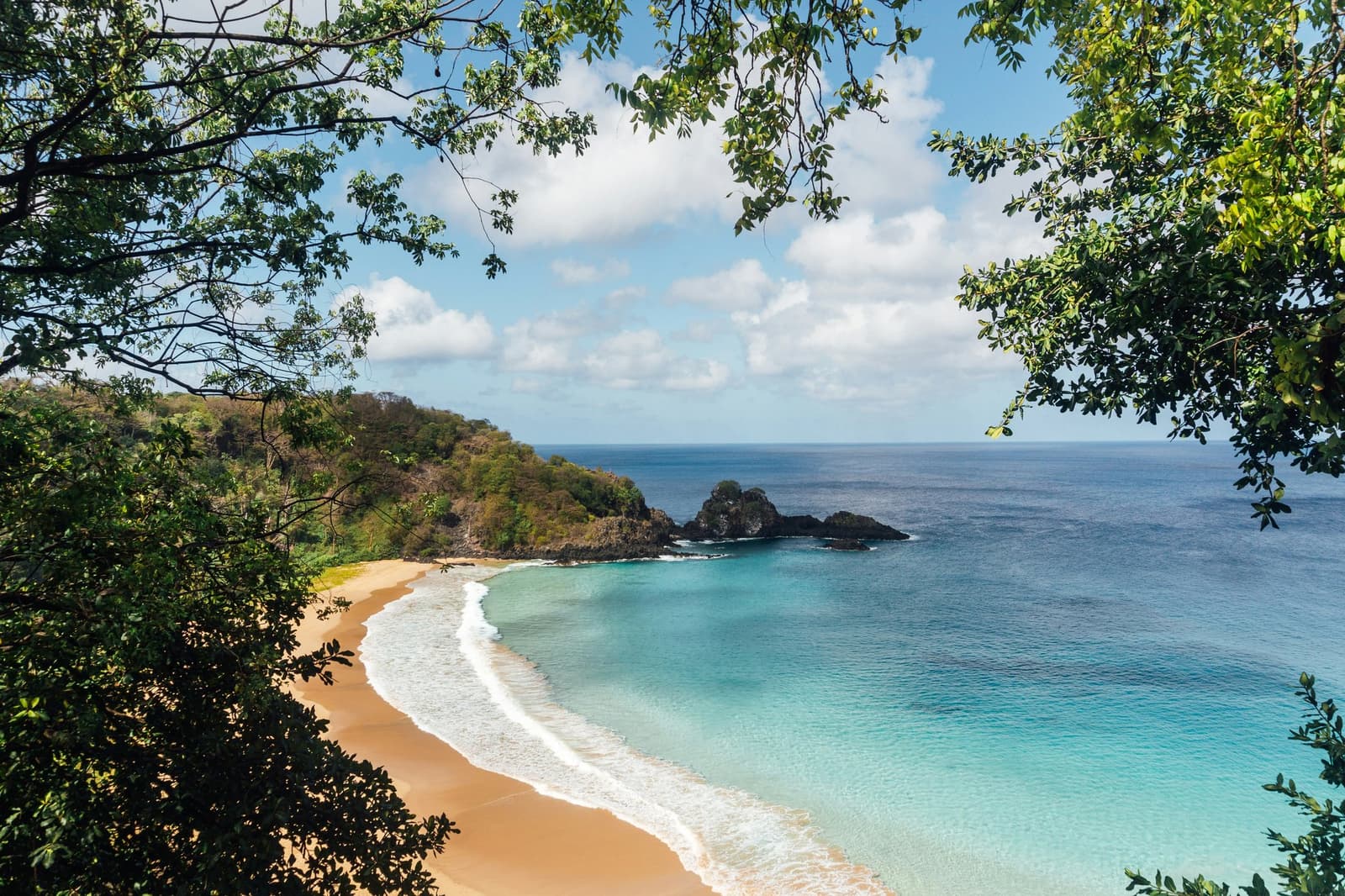 Crystal-clear turquoise waters lap an empty crescent beach, untouched and waiting. A secluded golden-sand bay framed by tropical foliage, with turquoise water and volcanic rock outcrops — the pristine coastal setting of the Adventurer Diving Course in Fernando de Noronha