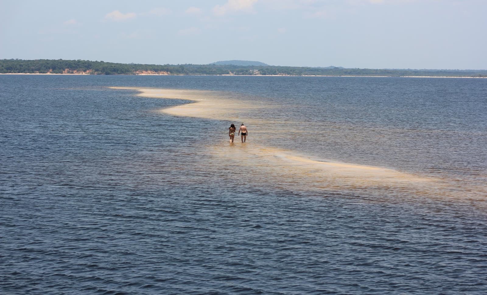 A sandbar that appears only when the river decides to share it. Two travellers wade along a narrow golden sandbar stretching across wide blue river waters on an Amazon cruise from Alter do Chão, with a forested shoreline and low hills in the distance