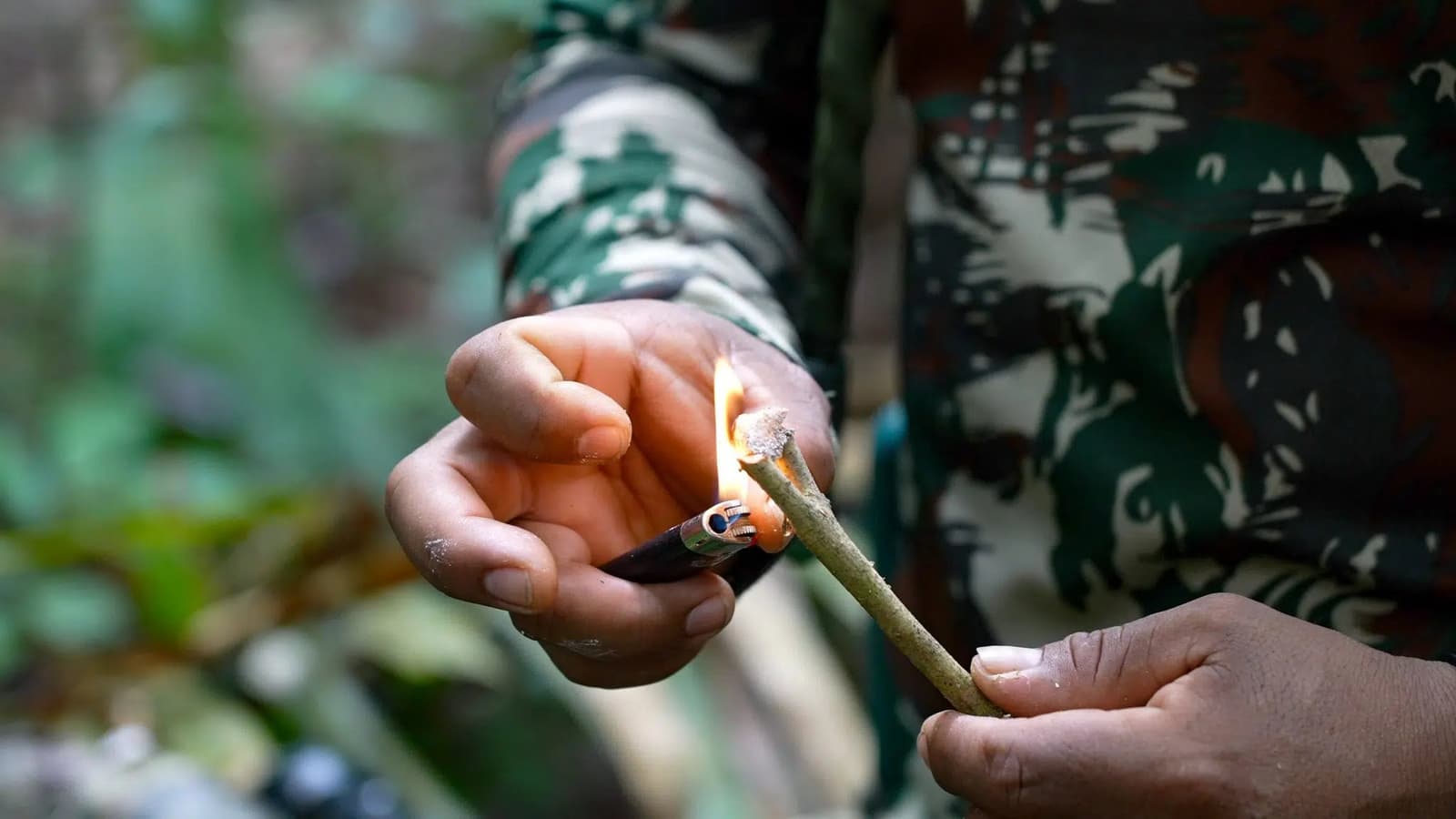 Fire from the forest floor, one small flame at a time. A guide in camouflage clothing lighting a green stick with a lighter during an Amazon survival tour fire-making demonstration in the rainforest