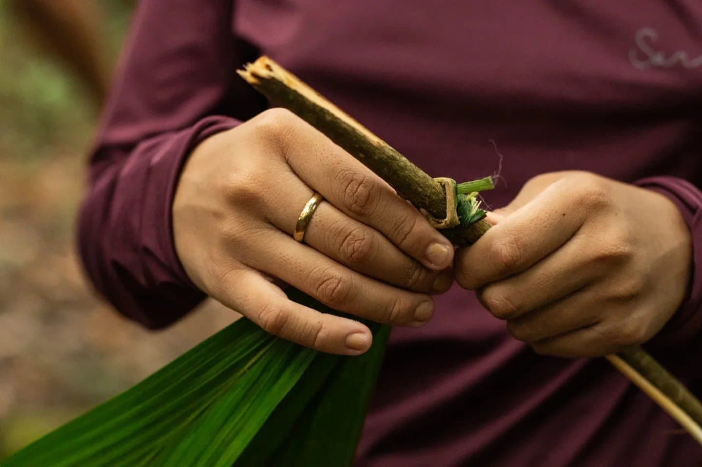 The forest gives you everything, if you know how to ask. Close-up of hands binding a wooden stick to green palm fronds during an Amazon trek and survival tour jungle craft demonstration