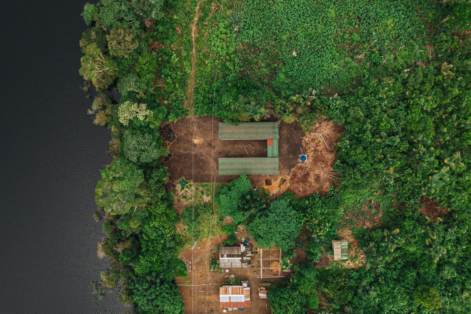 Life here is a negotiation between the forest and the river, and the forest usually wins. Aerial drone view of Anavilhanas Jungle Lodge Brazil, with green-roofed buildings nestled in dense rainforest canopy beside a dark Rio Negro waterway and a small riverside community below