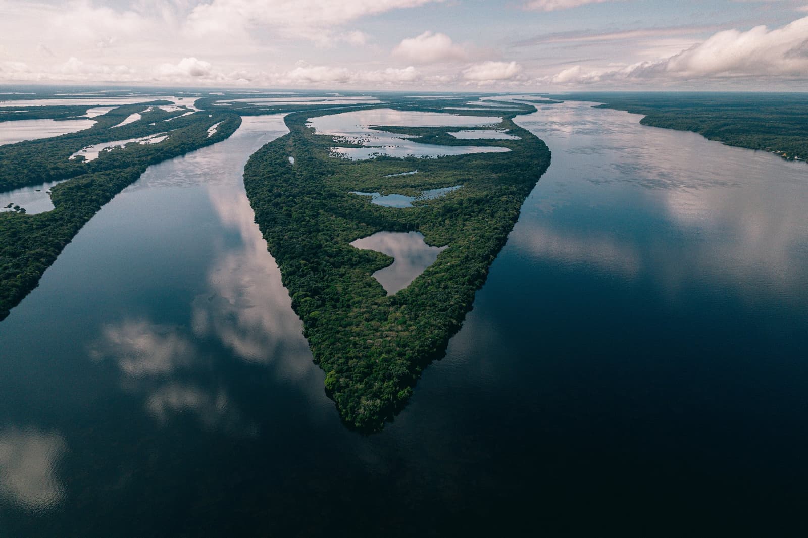 The river here has so many islands it forgets to pick a direction. Aerial view of a densely forested island at Anavilhanas Jungle Lodge Brazil, surrounded by the dark mirror-calm waters of a vast river archipelago under a cloudy sky