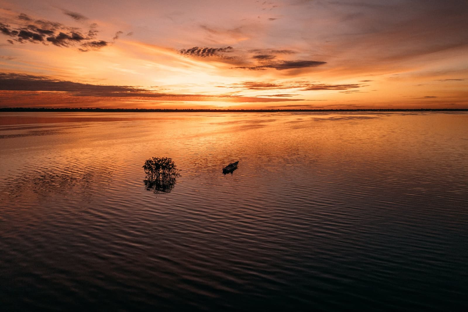 Out here, a canoe and a half-submerged tree are all the company you need. A small motorboat glides across the mirror-still Rio Negro at dawn during a sunrise tour at Anavilhanas Jungle Lodge Brazil, with a lone submerged shrub silhouetted against a vast orange and crimson sky