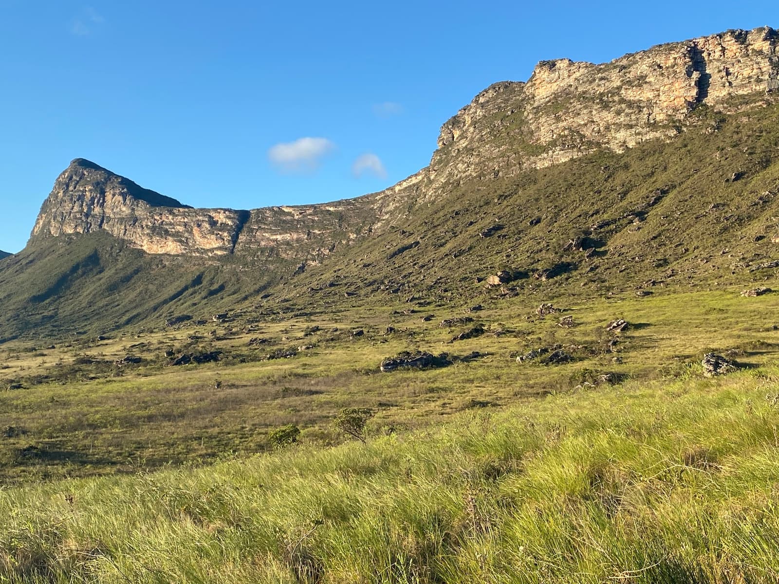 The plateau has a way of making you feel very small, in the best sense. Sweeping green highland valley framed by towering sandstone escarpments under a clear blue sky on a chapada diamantina hike