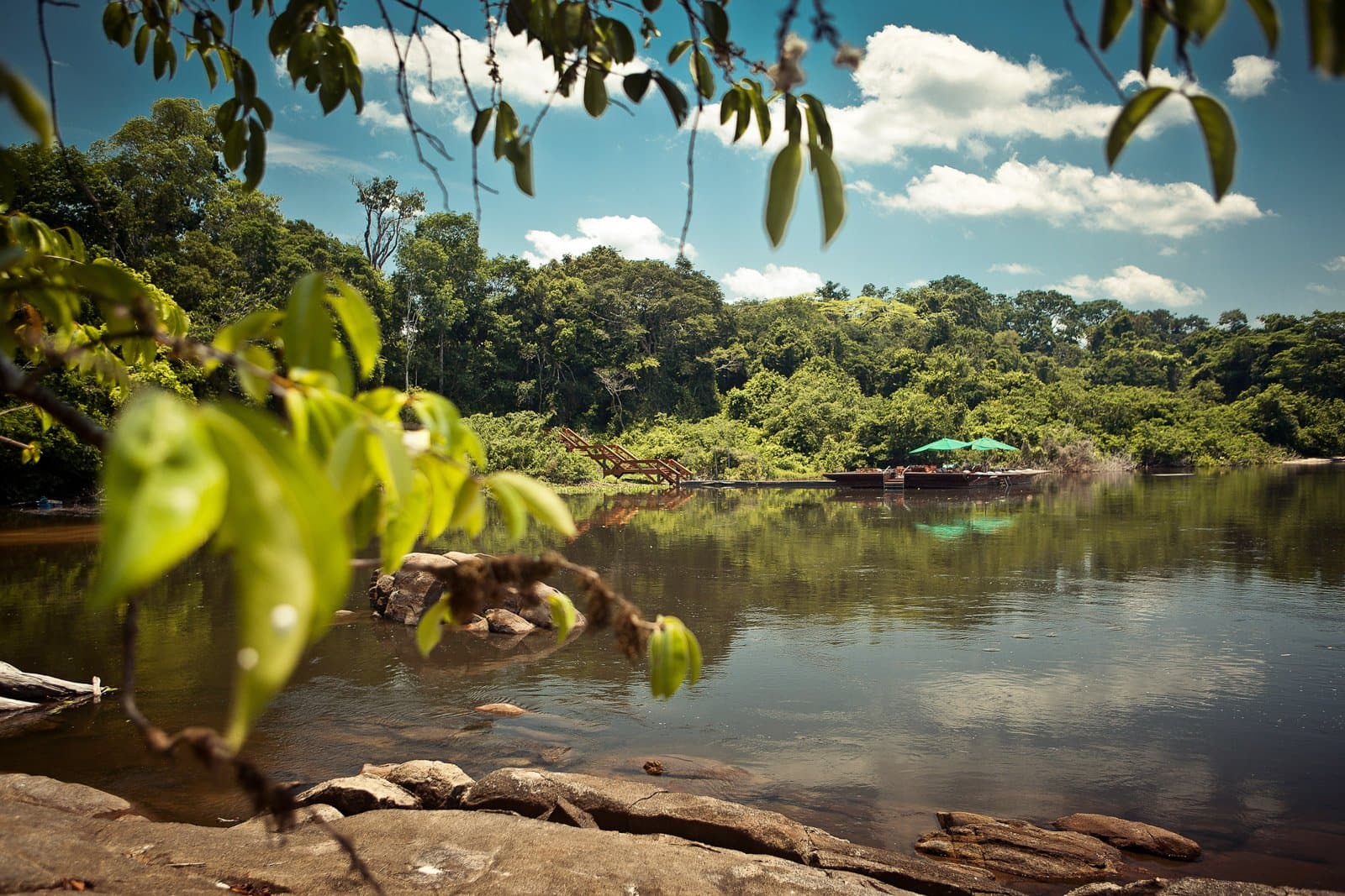 The kind of river view that makes you forget what day it is. A calm river reflects dense rainforest canopy, with the Cristalino Jungle Lodge floating dock and green umbrellas visible across the water, framed by close-up leaves and flat riverside rocks in the foreground