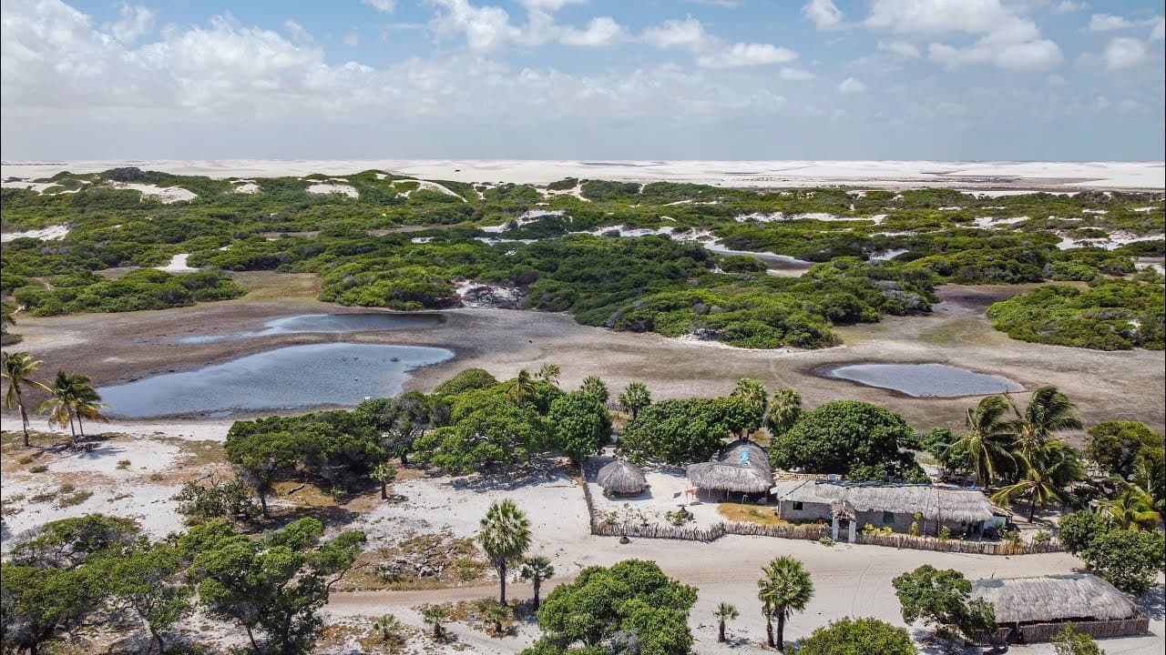 Life finds a way between the dunes and the lagoons, even here. Aerial view of a small thatched-roof village nestled among white sand dunes, scrub vegetation and shallow lagoons on the horseback riding Lençóis Maranhenses tour route