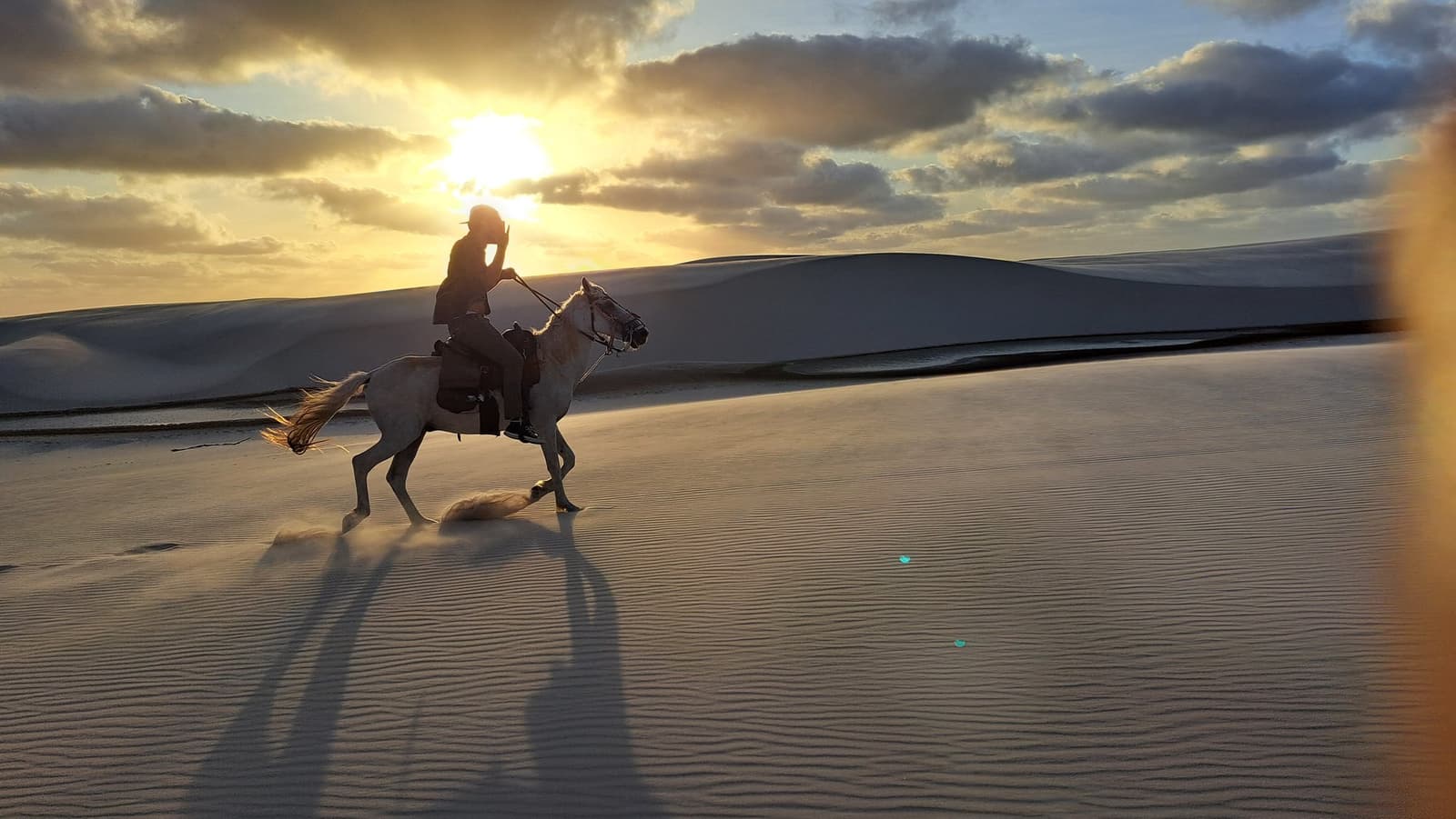 Just a person, a horse, and an awful lot of sand to sort out. A rider on a white horse canters across rippled white sand dunes at golden sunset during a horseback riding Lençóis Maranhenses tour, long shadows stretching across the dune face with lagoons glinting in the background