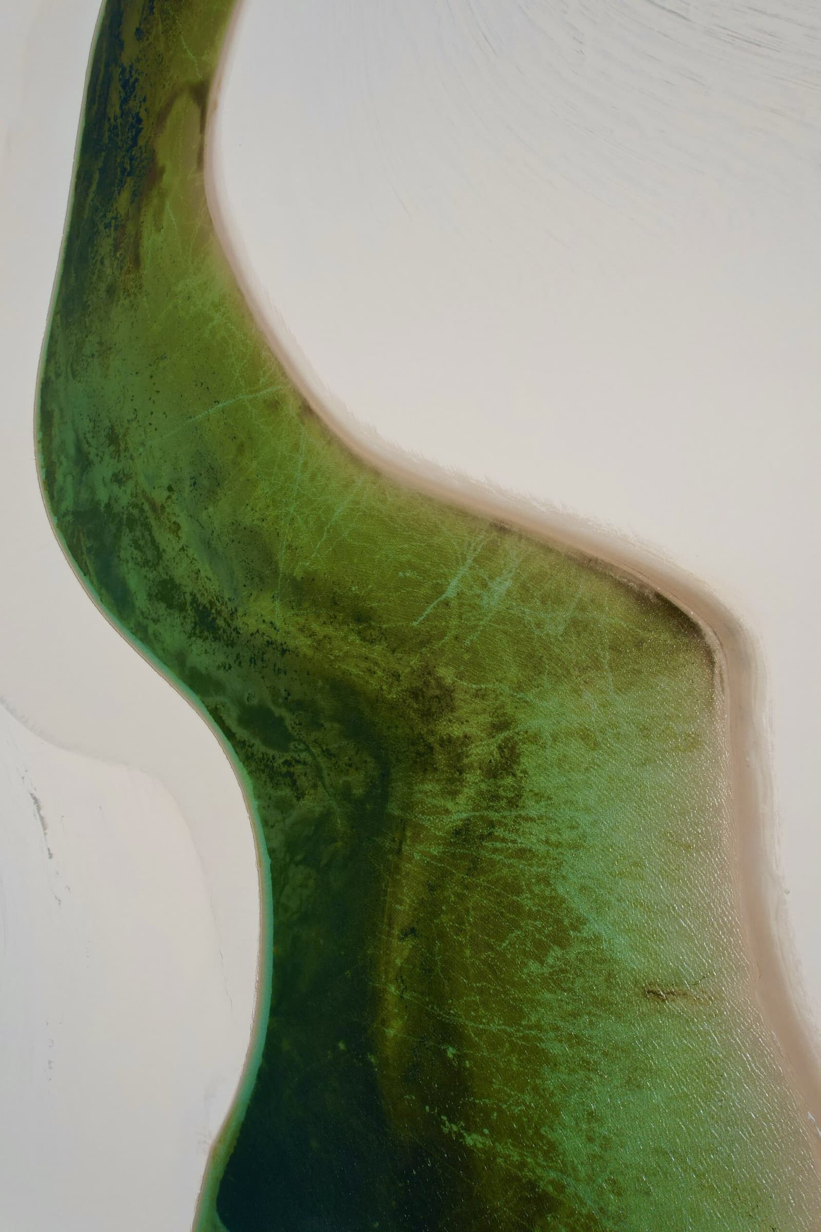 From above, the lagoons draw shapes no map could plan. Close-up of a sinuous green translucent glass sculpture with organic curves against a white wall, displayed at a Lençóis Maranhenses trip venue