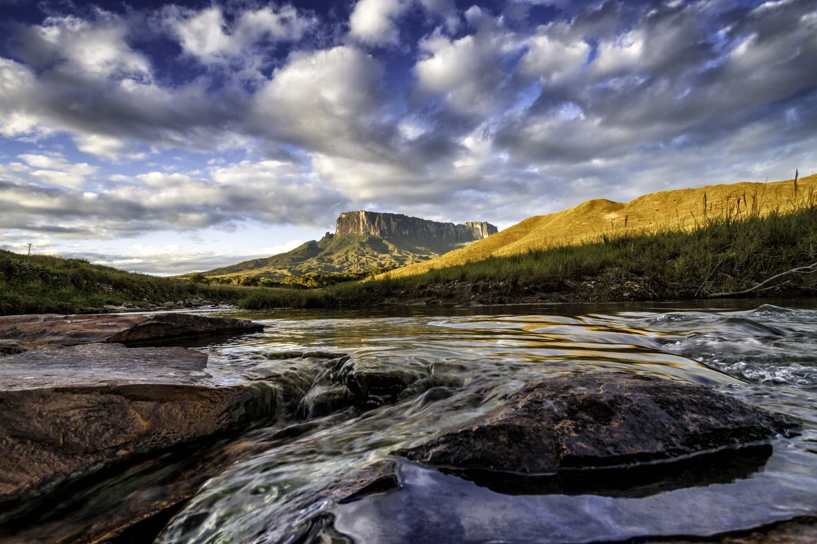 The river knows where it's going. Roraima keeps watch from above. A shallow rocky river flows toward a flat-topped tepui rising above golden savanna grasslands under a dramatic cloudy sky on the Mount Roraima hike
