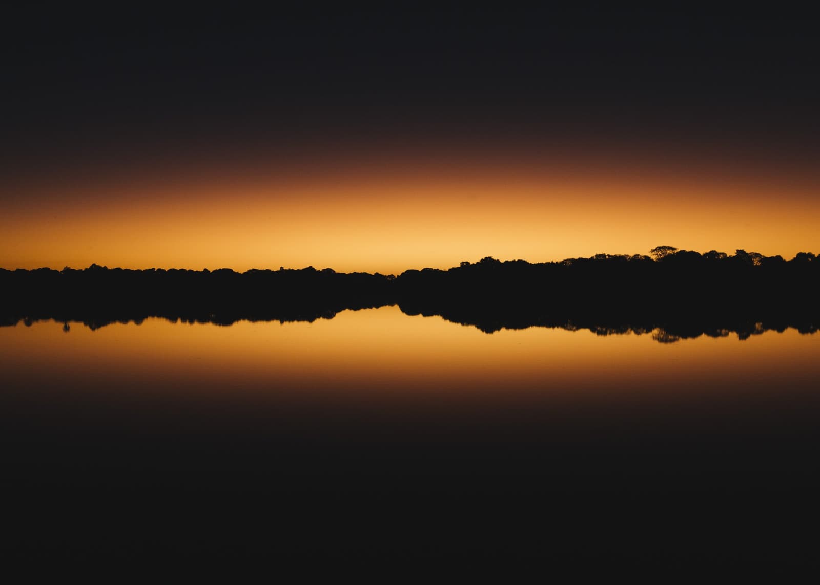The river holds the whole sky, and for a moment the world is perfectly still. Silhouetted treeline reflected perfectly in still water under a glowing amber horizon during a pantanal luxury safari at dusk