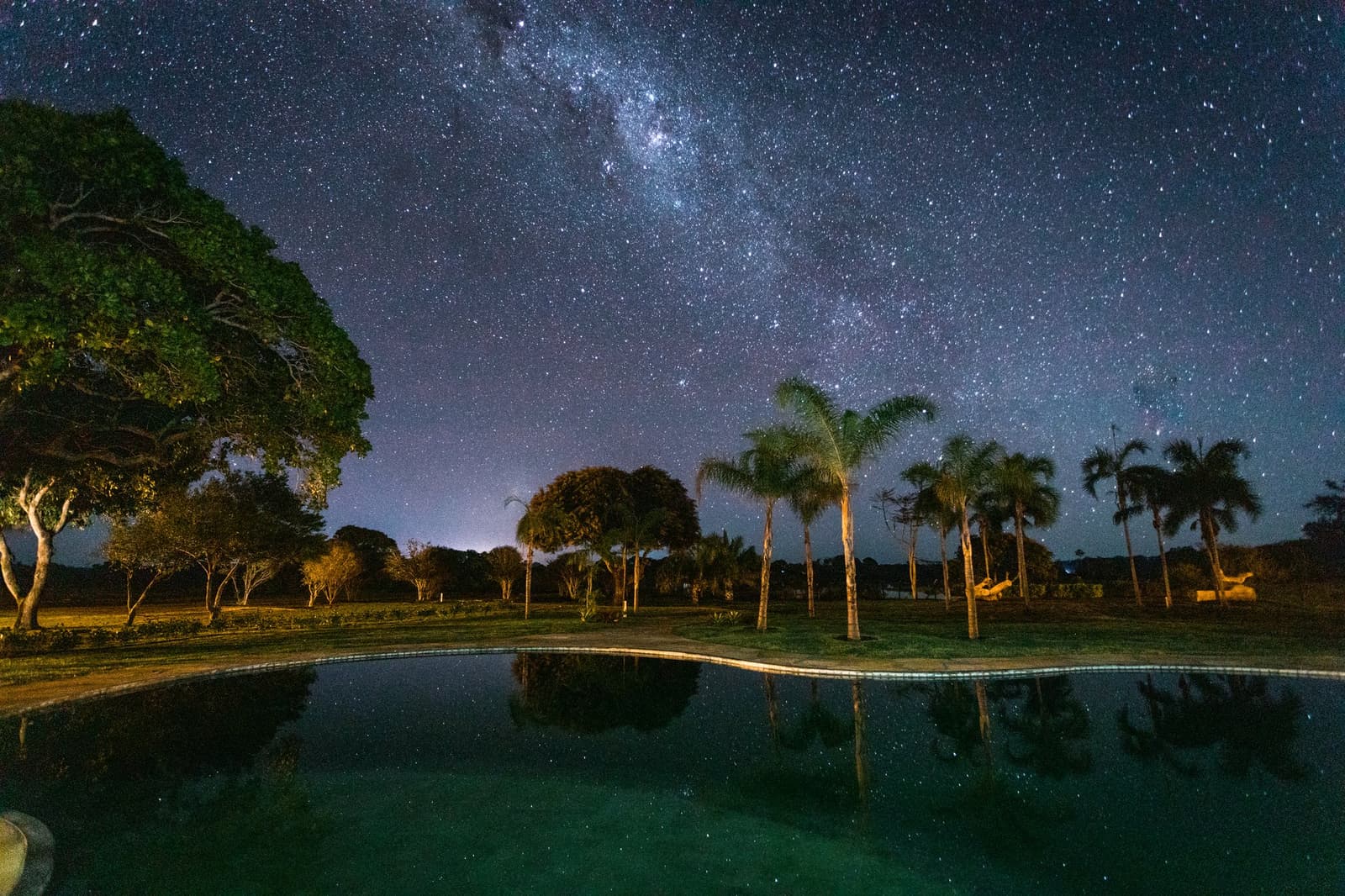 Nights here have a way of making you forget your phone exists. The Milky Way arching over a freeform outdoor pool at a pantanal luxury safari lodge, with palm trees and tropical trees lit by warm ground lights reflected in the still water
