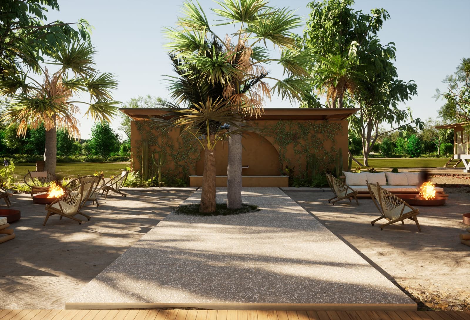 The kind of sundowner spot that makes you forget you had plans. An open-air courtyard at a pantanal luxury safari lodge, with rattan lounge chairs, lit fire pits, fan palms, and a terracotta-toned wall covered in climbing plants