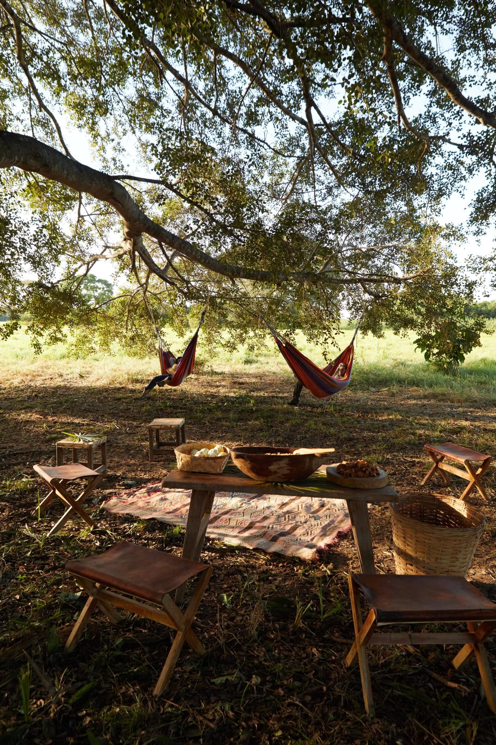 Lunch can wait. The hammock probably cannot. A rustic wooden table set with woven bowls of food and a patterned rug beneath a large tree, with two colorful hammocks strung between the branches for guests to relax on a pantanal luxury safari