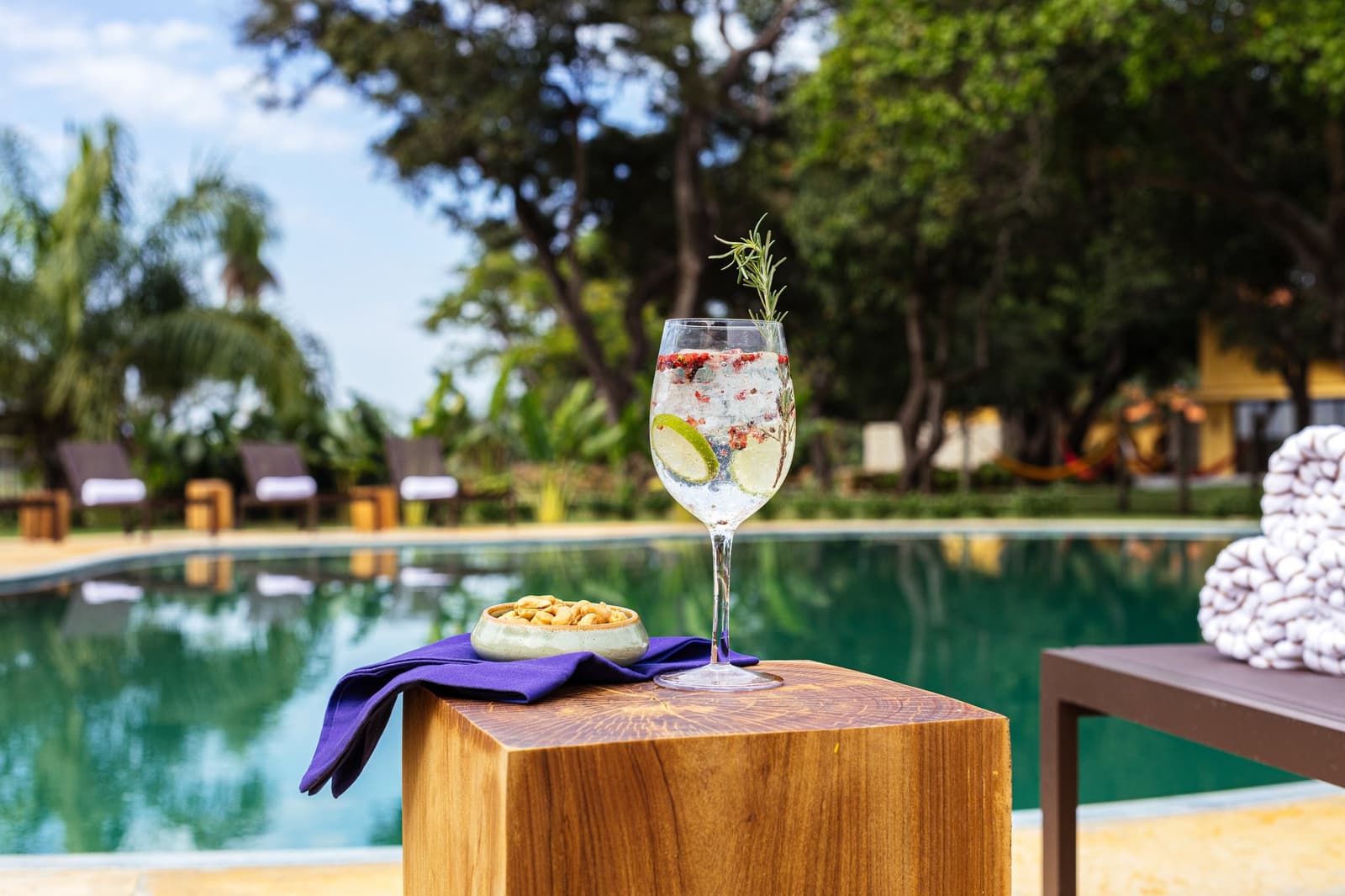 The afternoon belongs to you, a cold drink, and absolutely nothing urgent. A garnished gin and tonic with lime, rosemary, and pink peppercorns on a wooden side table beside a lodge pool, with sunloungers and lush trees reflected in the water — the perfect afternoon pause on a pantanal luxury safari