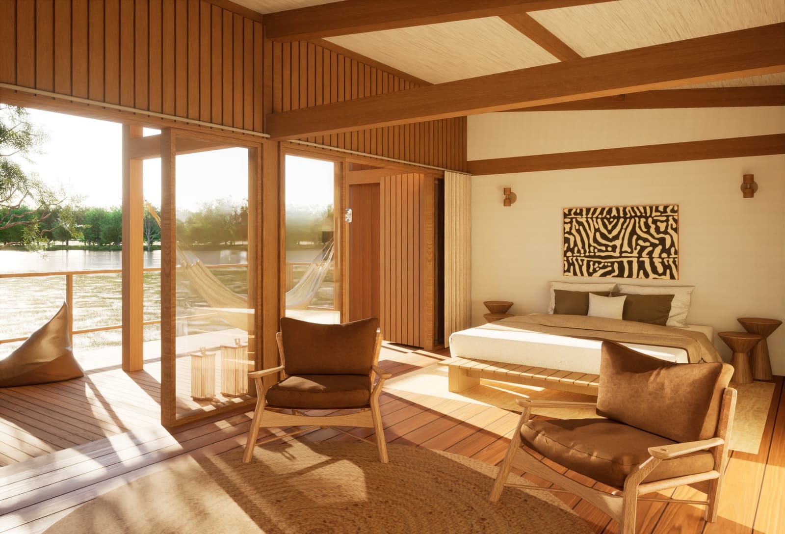 Sleep with the river this close and mornings feel like a different kind of alarm clock. Sun-drenched suite interior at a pantanal luxury safari lodge, featuring warm timber walls, floor-to-ceiling glass doors opening onto a hammock deck over the water, a king bed with earth-tone linens, and abstract wildlife-print artwork