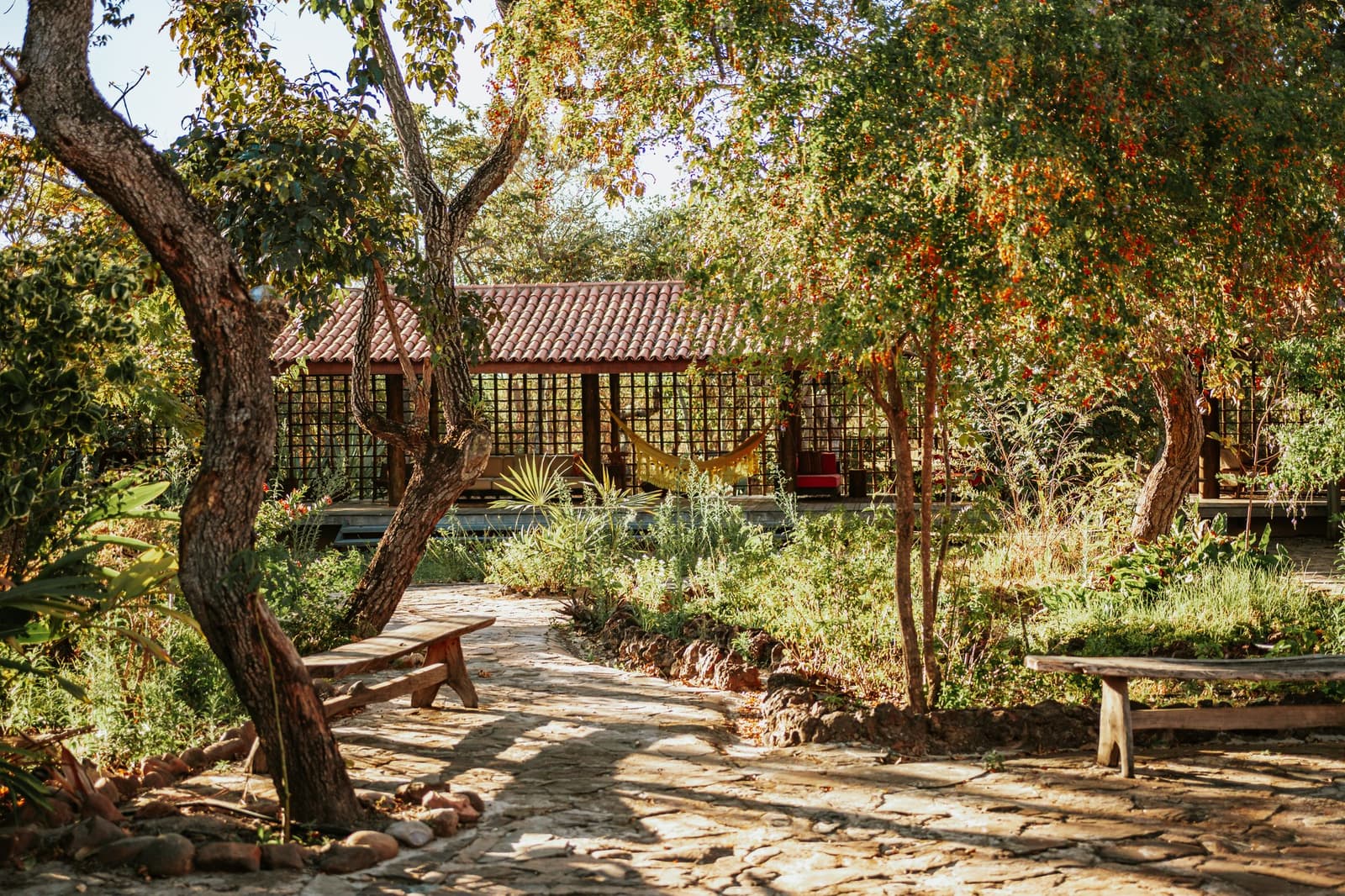 The kind of garden that makes you slow down before you even unpack. Sun-dappled stone pathway at Pousada Trijunção leading through a lush garden of native Cerrado trees toward an open-air pavilion with a hammock and terracotta-tiled roof