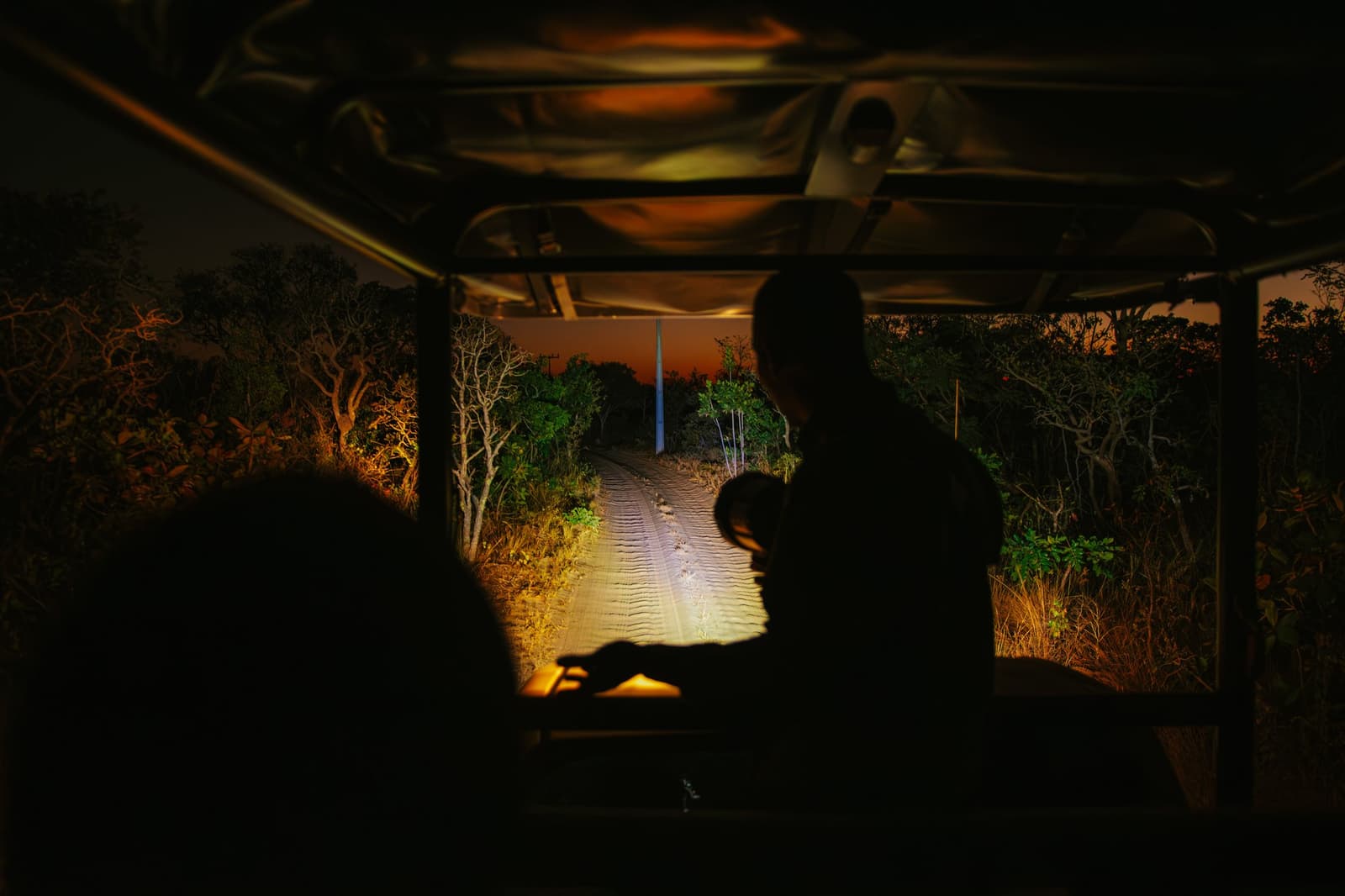The road ahead belongs to whoever's patient enough to look. View from inside an open safari vehicle at Pousada Trijunção, headlights illuminating a sandy dirt track cutting through dense Cerrado bush under a deep orange twilight sky