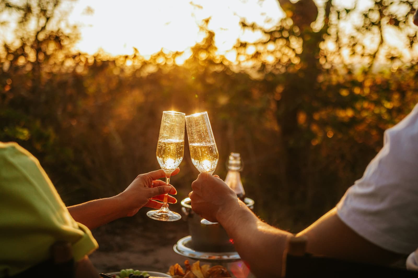 The Cerrado has a way of making a toast feel like a ceremony. Two guests clinking champagne flutes at Pousada Trijunção during a golden Cerrado sunset, with a chilled bottle in the background