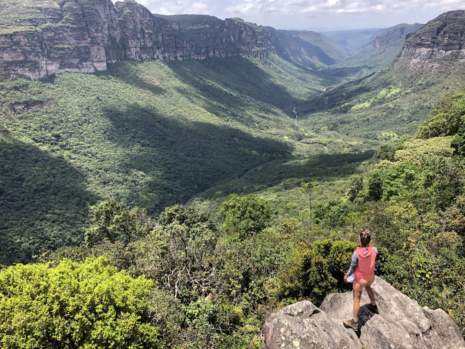 The valley keeps going, and so do you. A hiker stands on a rocky outcrop overlooking the vast green canyon of the Vale do Pati Trek, with towering sandstone escarpments and a distant waterfall visible deep in the valley