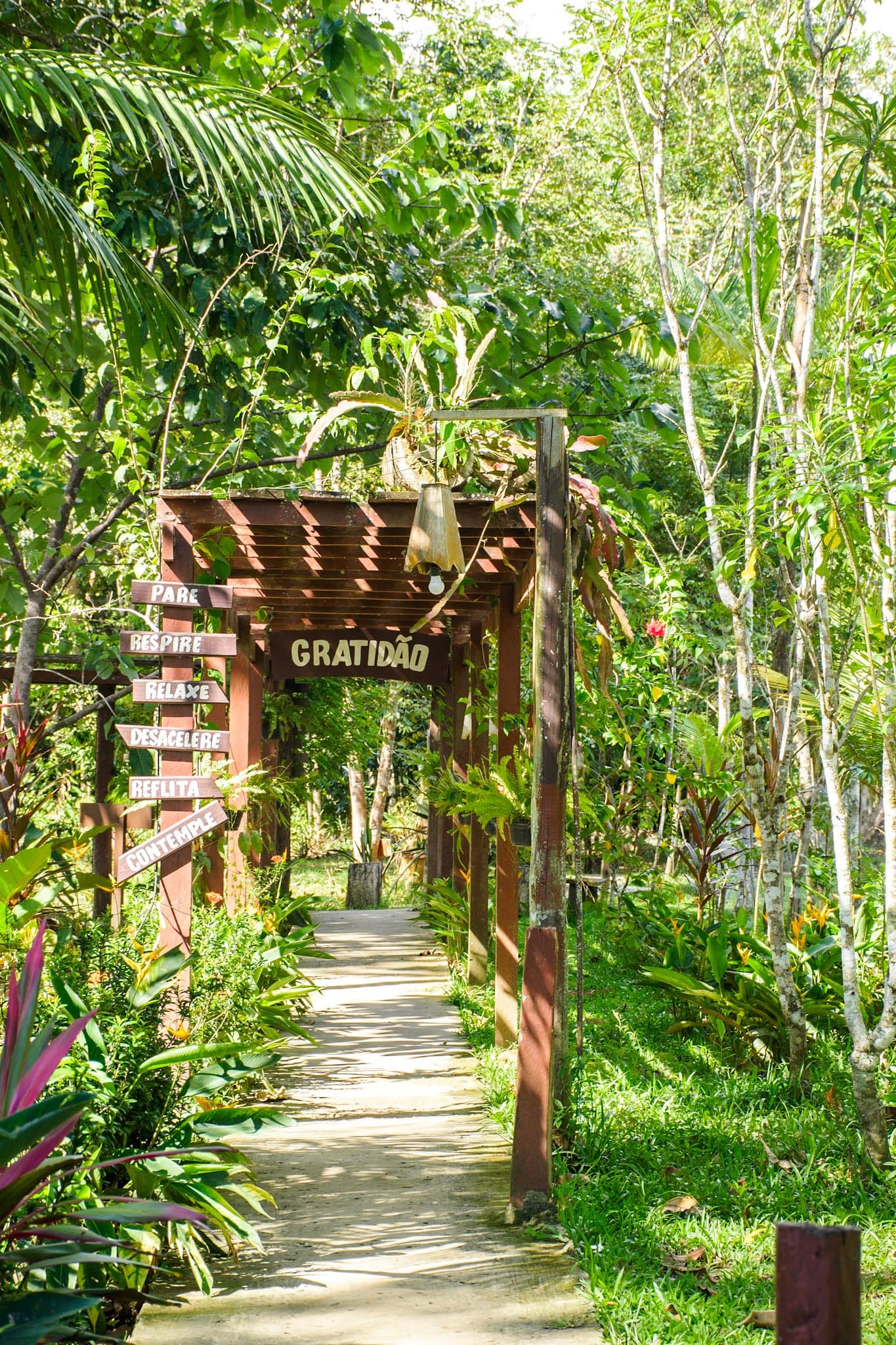 Stop, breathe, slow down. The lodge says it plainly before you've even unpacked. A wooden pergola gate marked 'Gratidão' (Gratitude) at the entrance of an amazon jungle lodge trail, flanked by lush tropical foliage and a signpost reading 'Pare, Respire, Relaxe, Desacelere, Reflita, Contemple'