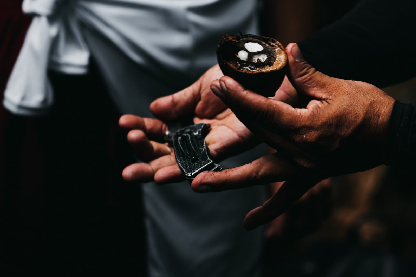 A fruit you've probably never tasted, explained by someone who grew up eating it. Weathered hands holding a halved tucumã palm fruit showing its white seed and a small folding knife during a community visit on a luxury amazon cruise in brazil
