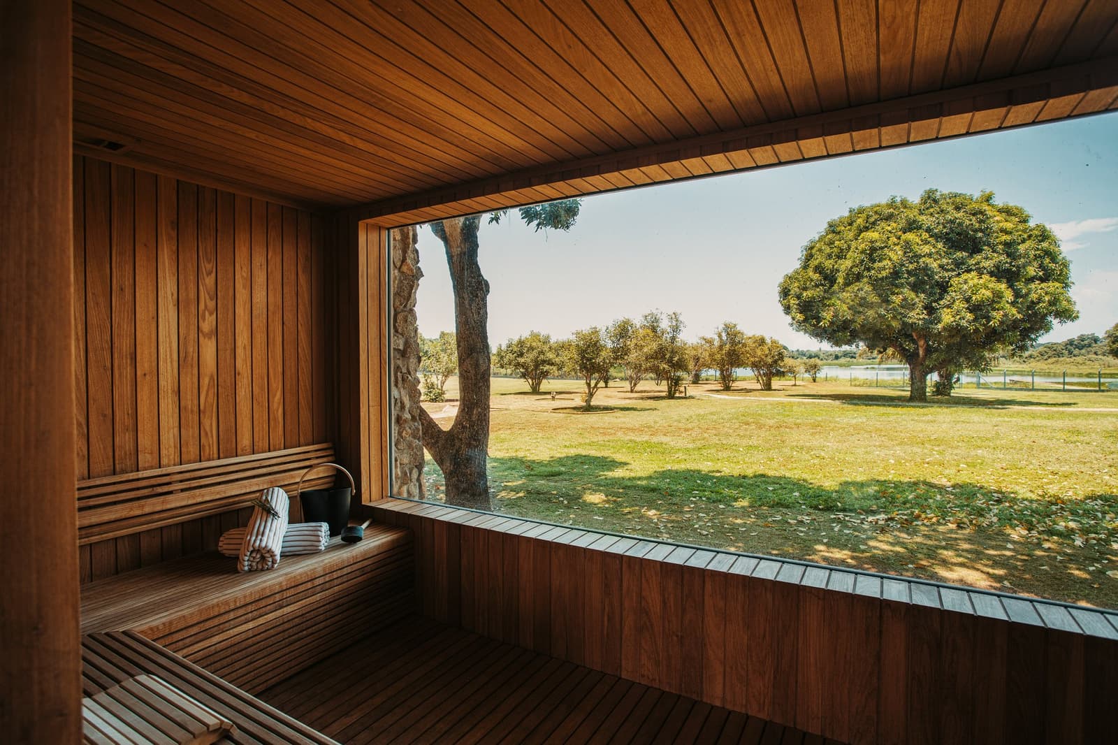 Heat up, look out, and let the savanna do the rest. Warm timber-lined sauna interior on a luxury Pantanal and Amazon trip, with a wide panoramic window looking out over sunlit grassland, scattered trees, and a distant lagoon