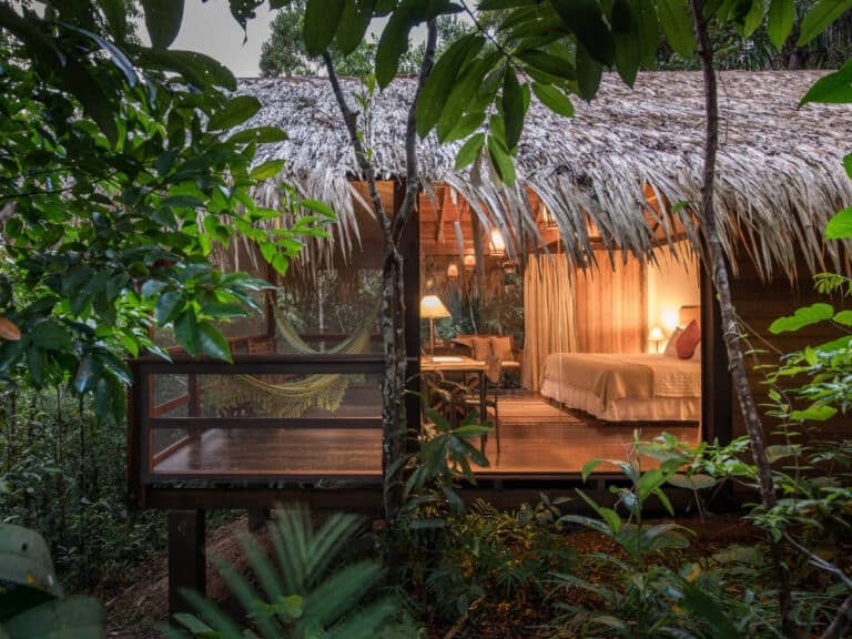 Luxury Amazon jungle lodge bungalow glowing at dusk in the rainforest