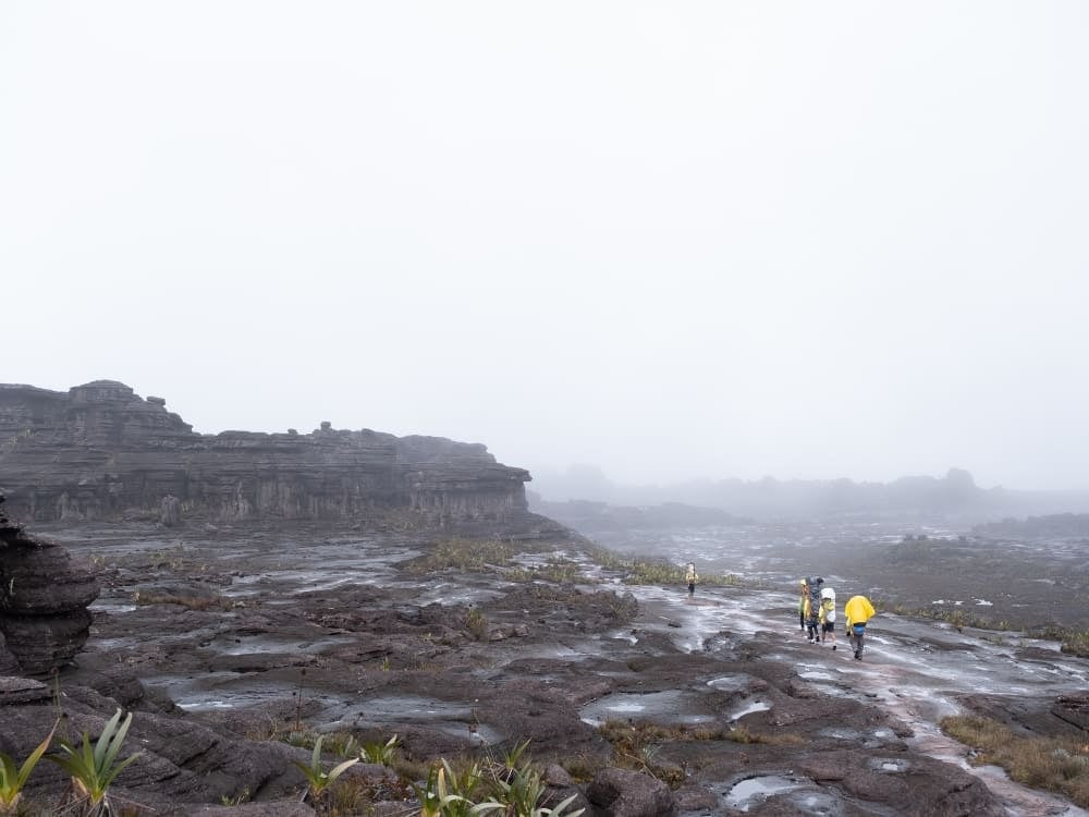 Hikers crossing Mount Roraima's misty summit plateau among dark rock formations Hikers crossing Mount Roraima's misty summit plateau among dark rock formations